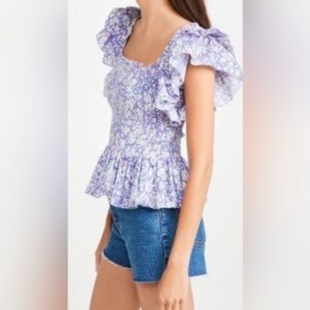 Love The Label Purple Floral Smocked Ruffle Peplum Top XS - Picture 2 of 7